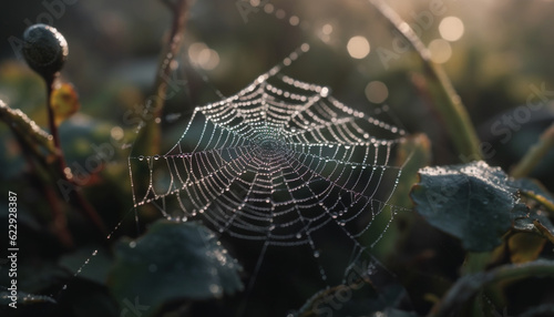 Spider web glistens with dew drops in autumn generated by AI