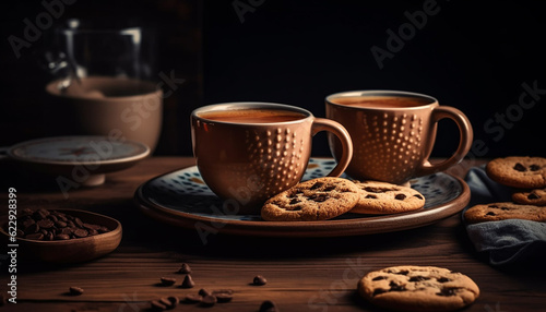 Sweet homemade chocolate chip cookies on rustic table generated by AI