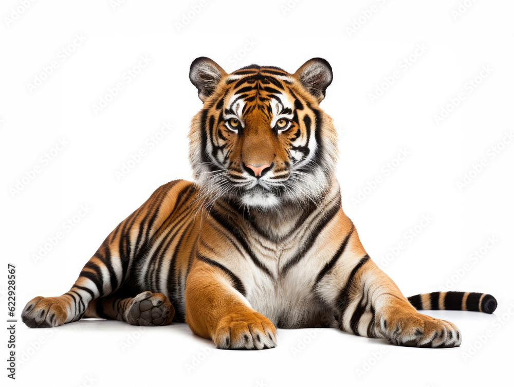 Tiger lying down isolated on white