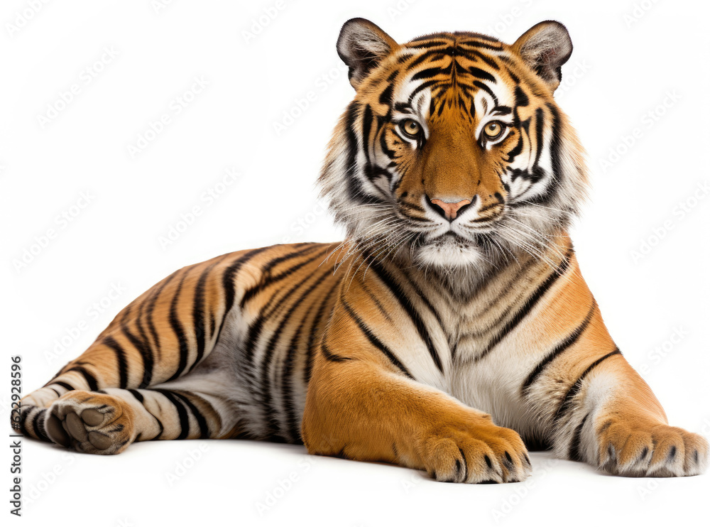 Tiger lying down isolated on white