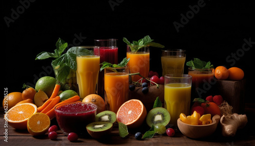 Fresh organic fruit and vegetable cocktail table spread generated by AI