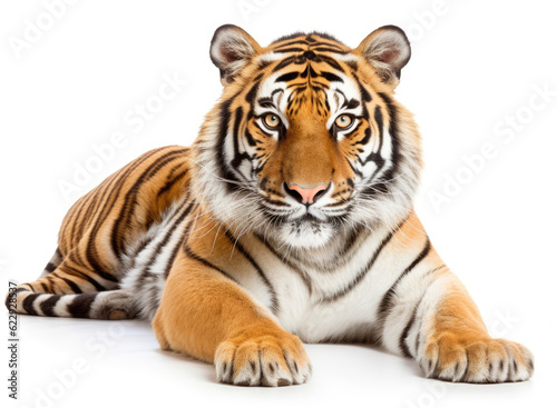 Tiger lying down isolated on white