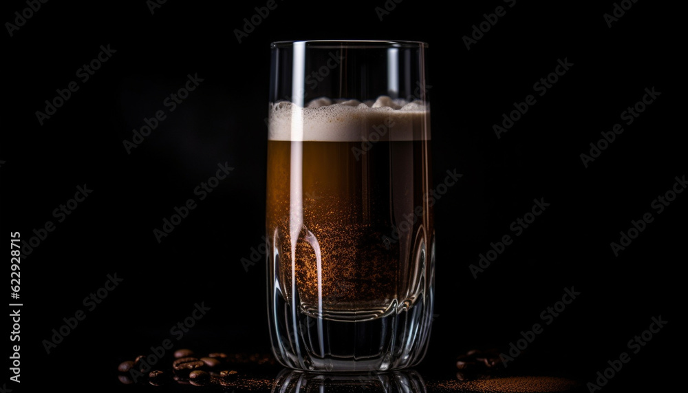 Frothy beer glass reflects dark pub table generated by AI Frothy beer glass reflects dark pub table generated by AI