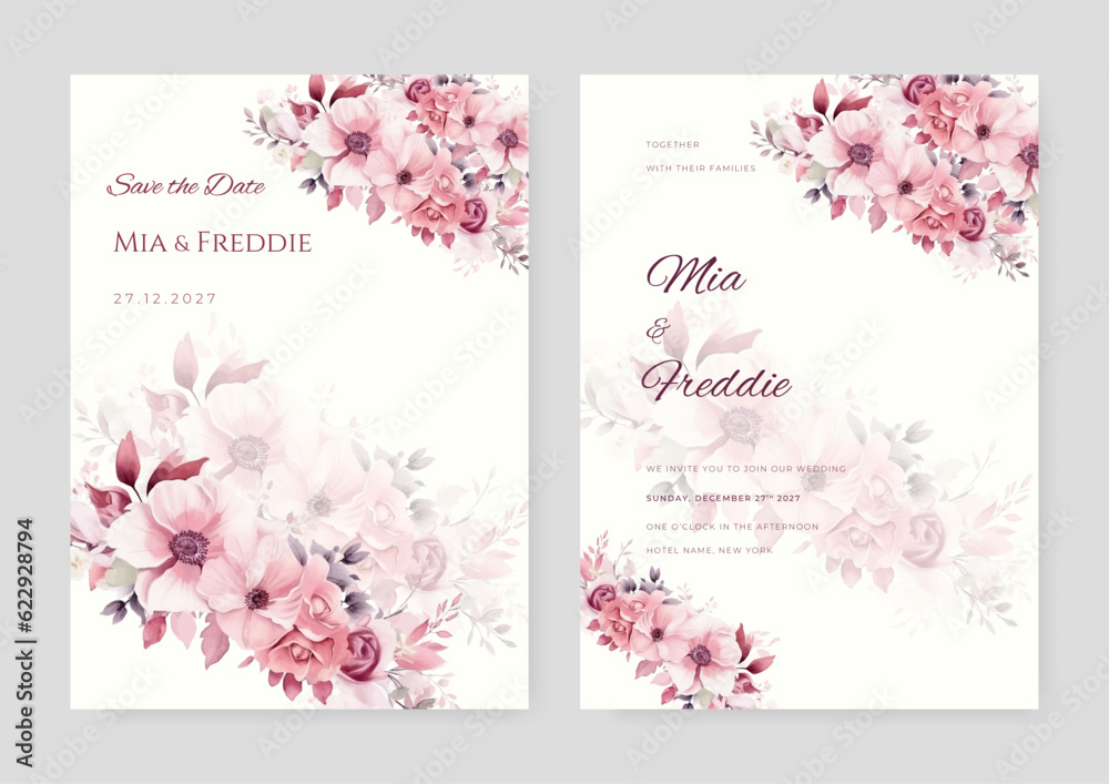 Floral wedding invitation template set with elegant brown leaves decoration. Botanic card design concept