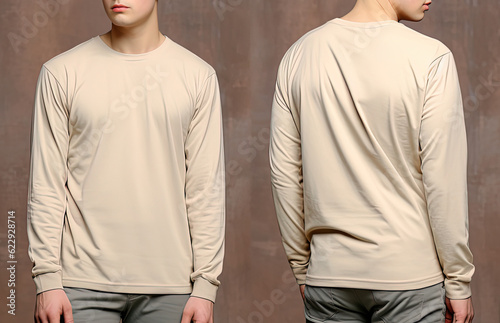 Man wearing a beige T-shirt with long sleeves. Front and back view