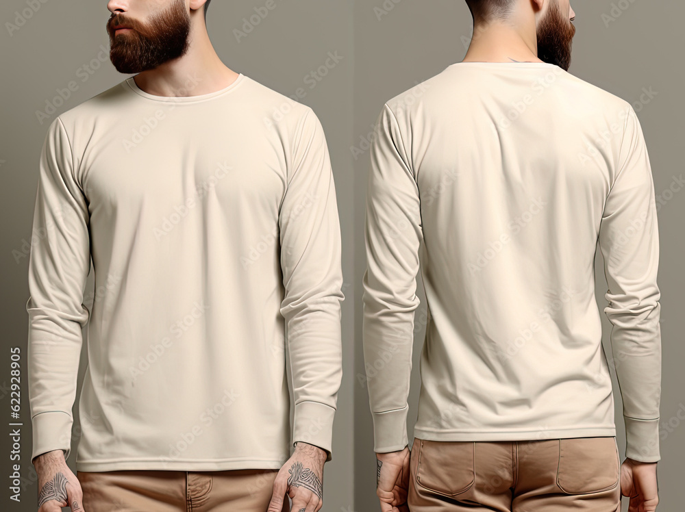 Man wearing a beige T-shirt with long sleeves. Front and back view Man wearing a beige T-shirt with long sleeves. Front and back view