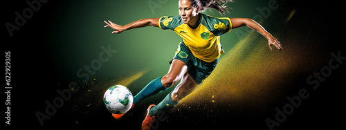 Australian soccer player with the ball in play at the Womens World Cup 2023. Australian women football design, green and gold. Generative Ai content photo