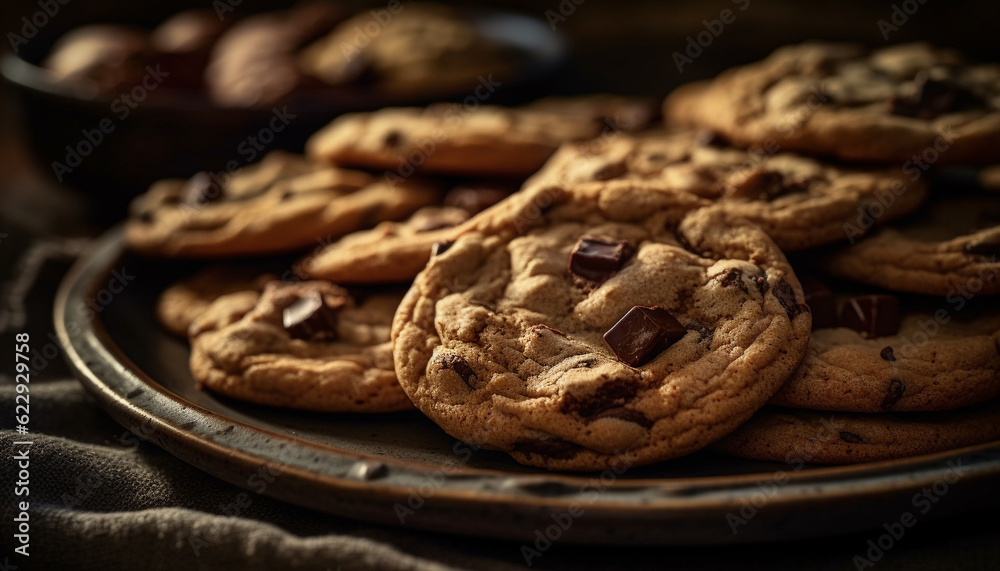 Indulgent homemade chocolate chip cookies on rustic table generated by AI Indulgent homemade chocolate chip cookies on rustic table generated by AI