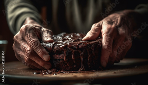 Senior man hand holding homemade dark chocolate brownie generated by AI