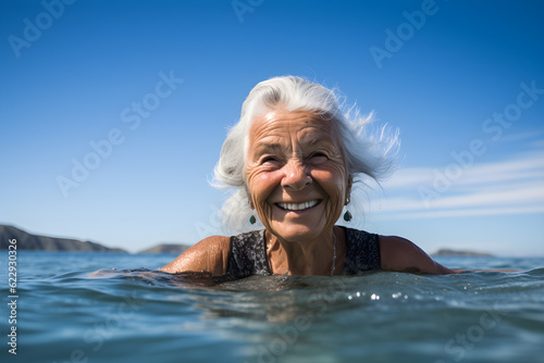 portrait of a retired senior woman swimming in the ocean © sam