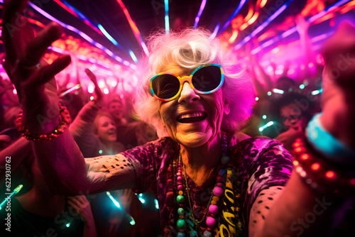 portrait of a retired senior woman with sunglasses dancing in the nightclub