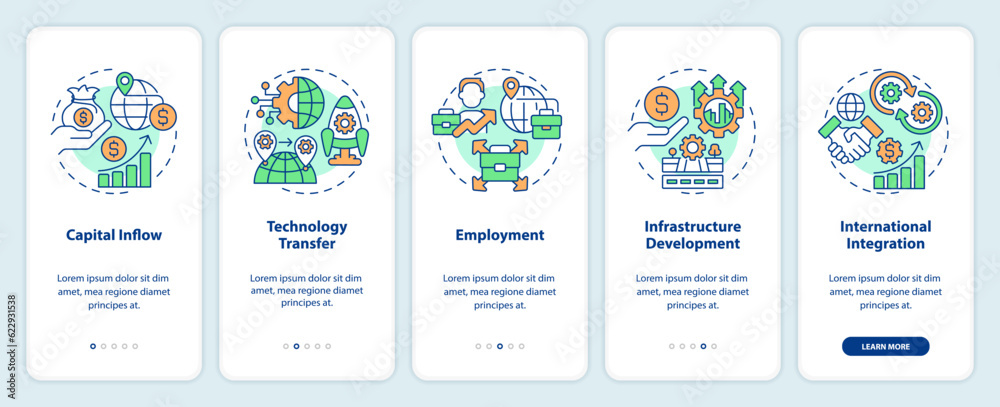 Linear icons representing foreign direct investment mobile app screen set. 5 steps editable graphic instructions, UI, UX, GUI template. Linear icons representing foreign direct investment mobile app screen set. 5 steps editable graphic instructions, UI, UX, GUI template.