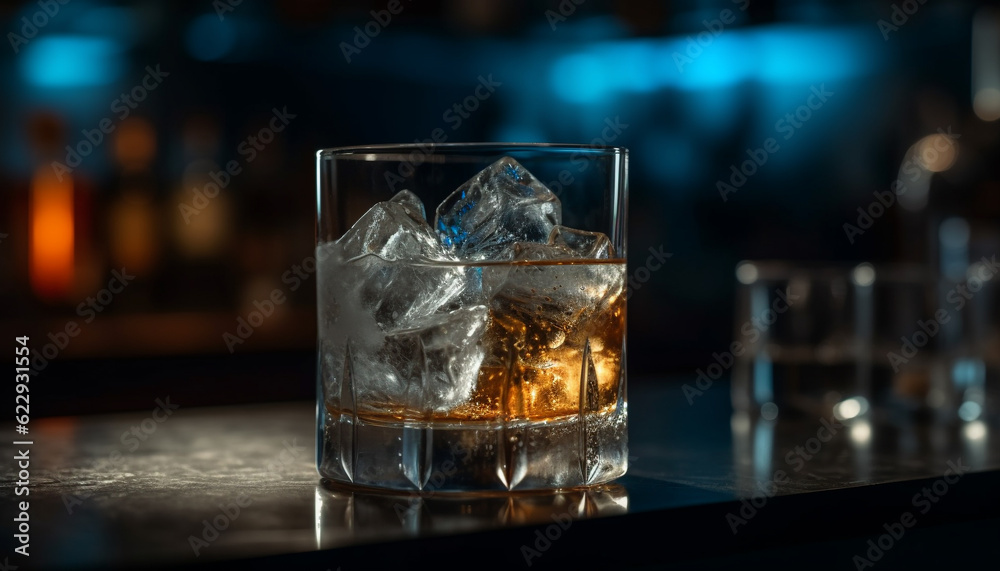 Crystal highball glass reflects elegance in dark nightclub generated by AI