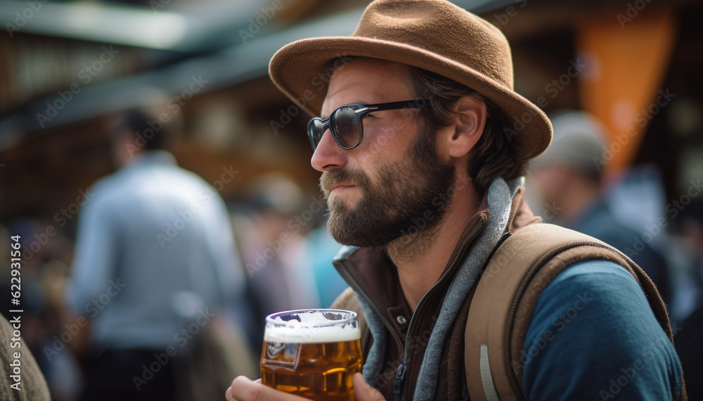 Bearded man sips beer, enjoying city life generated by AI