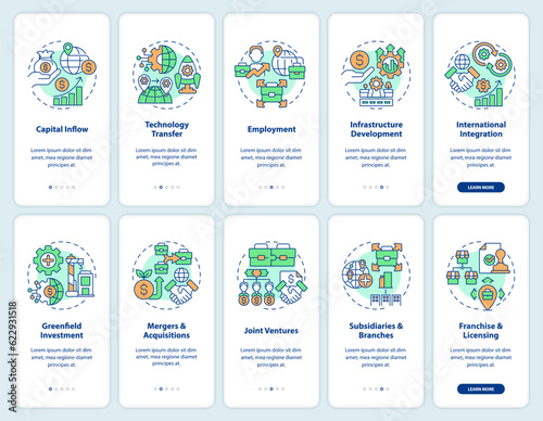 2D icons representing foreign direct investment mobile app screen set. Walkthrough 5 steps colorful graphic instructions with linear concepts, UI, UX, GUI template.