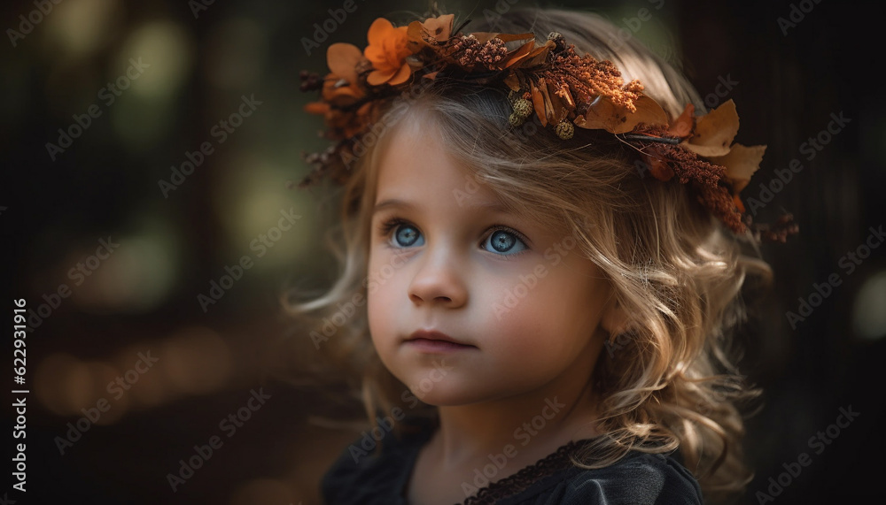 Smiling girl in autumn nature, pure happiness generated by AI