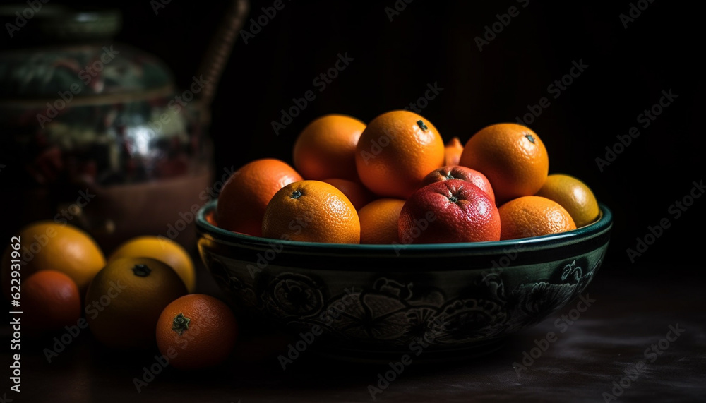 Juicy citrus fruits on rustic wooden table generated by AI