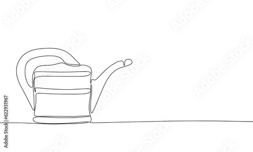 Garden minimal banner. One line continuous with watering can for flowers vector illustration. Outline, line art silhouette, monoline.