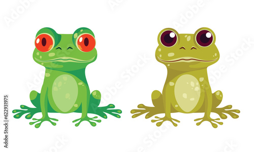 Set of Green frogs. Cartoon style. Vector illustration. Funny cartoon frog