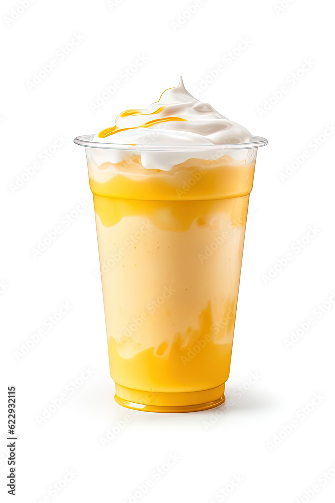 Mango smoothie milkshake in plastic takeaway cup isolated on white background Mango smoothie milkshake in plastic takeaway cup isolated on white background