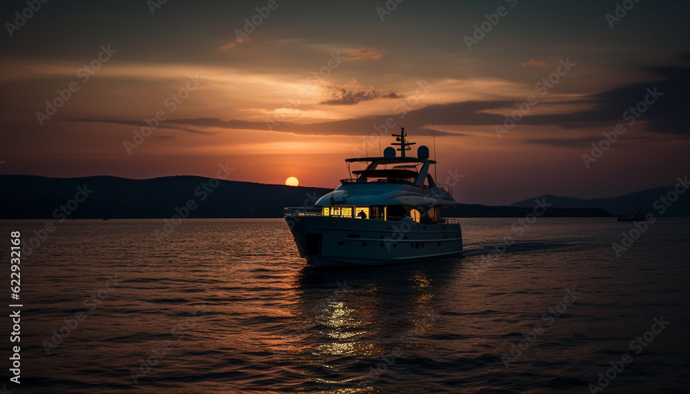 Sun kissed yacht sails tranquil seas at dusk generated by AI