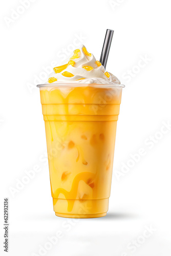 Mango smoothie milkshake in plastic takeaway cup isolated on white background