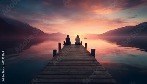 Romantic couple sits on jetty at sunrise generated by AI