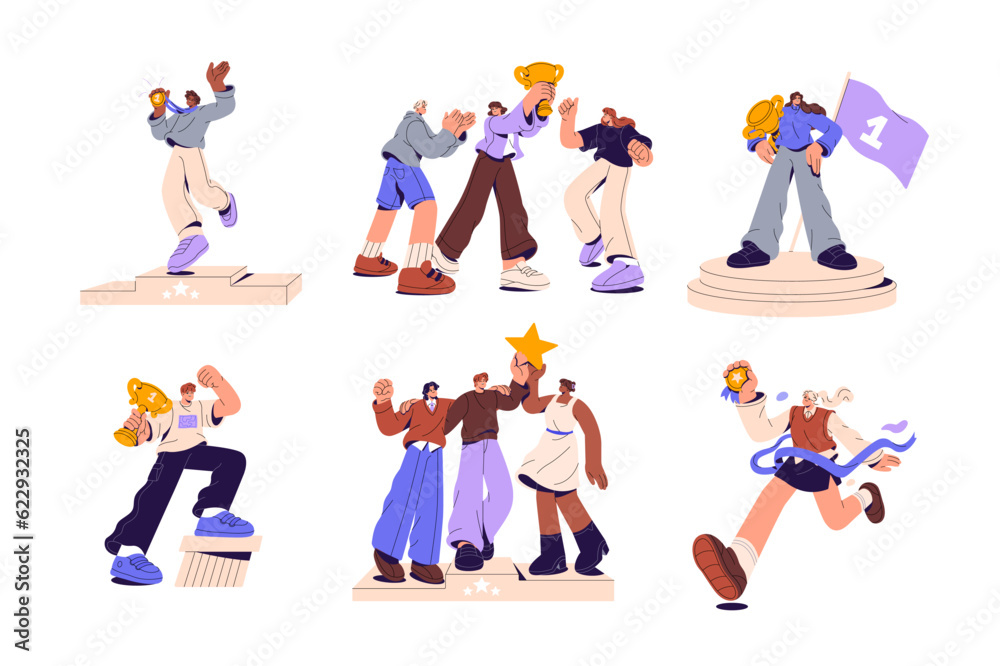 Happy people winners set. Victory, achievement concept. Leaders holding award, reward, trophy, golden medals for achieving success. Flat graphic vector illustrations isolated on white background Happy people winners set. Victory, achievement concept. Leaders holding award, reward, trophy, golden medals for achieving success. Flat graphic vector illustrations isolated on white background