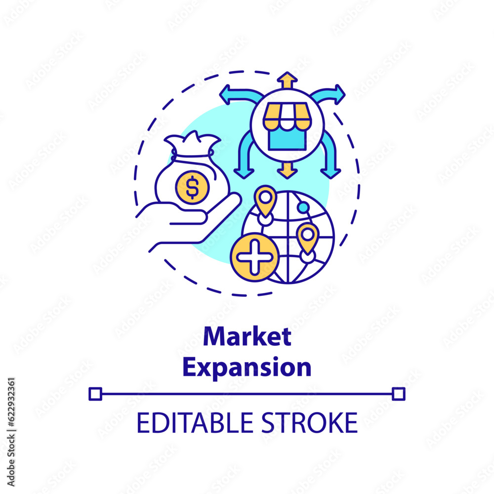 Editable market expansion icon, isolated vector, foreign direct investment thin line illustration.