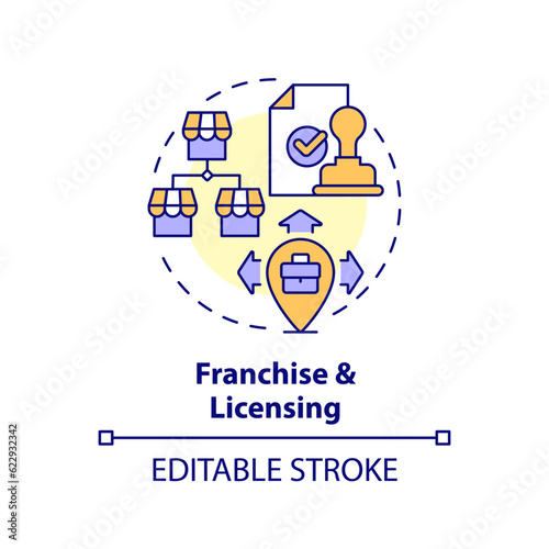 Editable franchise and licensing icon, isolated vector, foreign direct investment thin line illustration.