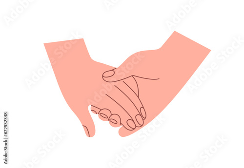 Two hands of love couple holding together, touching. Romantic partners, man and woman. Togetherness, partnership, tenderness, support concept. Flat vector illustration isolated on white background