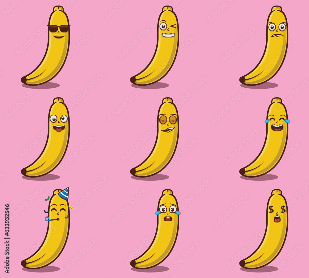 Cute and kawaii banana character emoticon expression illustration set