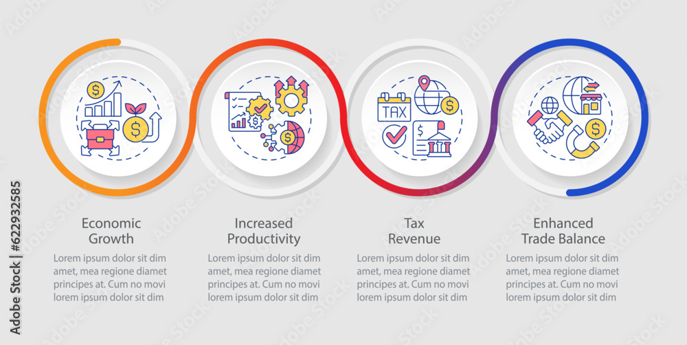 Foreign direct investment vector infographics template, data visualization with 4 steps, process timeline chart, colorful linear icons.
