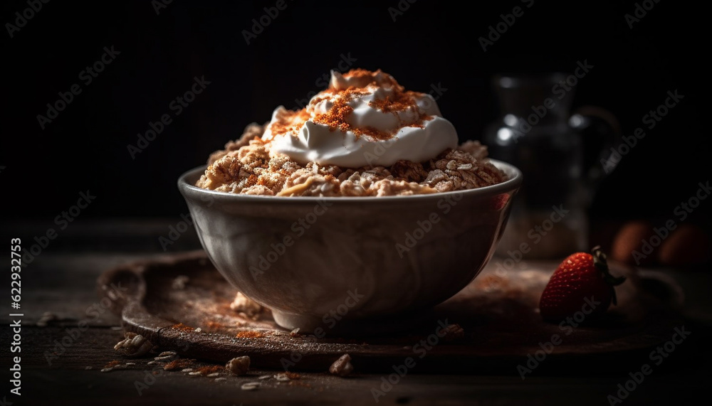 Rustic bowl of fresh fruit and granola generated by AI Rustic bowl of fresh fruit and granola generated by AI