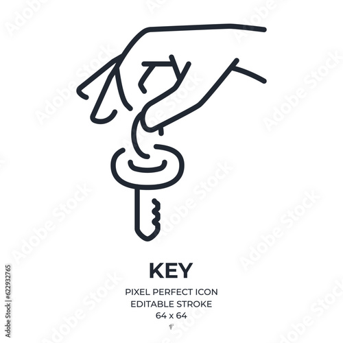 Hand holding key editable stroke outline icon isolated on white background flat vector illustration. Pixel perfect. 64 x 64.