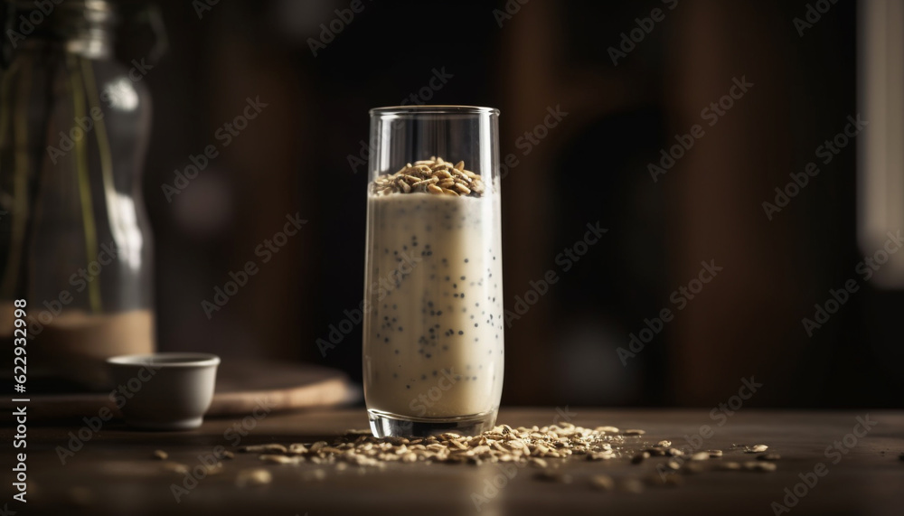 Healthy meal on rustic table with milkshake generated by AI