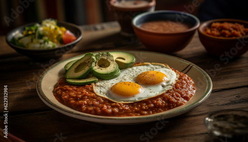 Freshly cooked gourmet meal on rustic wooden table generated by AI