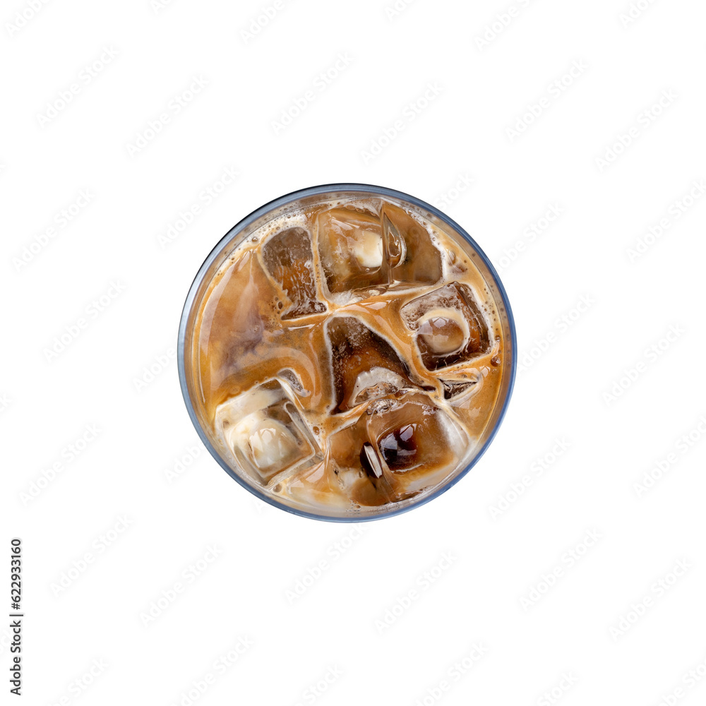 Iced coffee with milk in a glass on a table in a cafe Iced coffee with milk in a glass on a table in a cafe