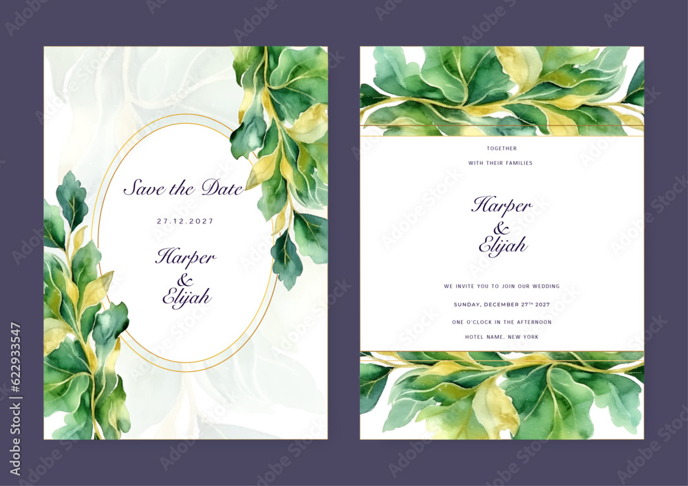 Botanic card design concept. Floral wedding invitation template set with elegant brown leaves decoration.