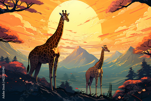 two giraffes looking for food anime style photo