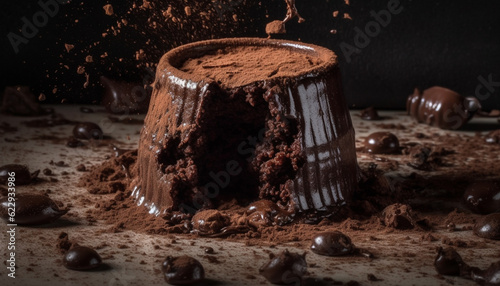 Indulgent homemade dark chocolate brownie on wood plate generated by AI