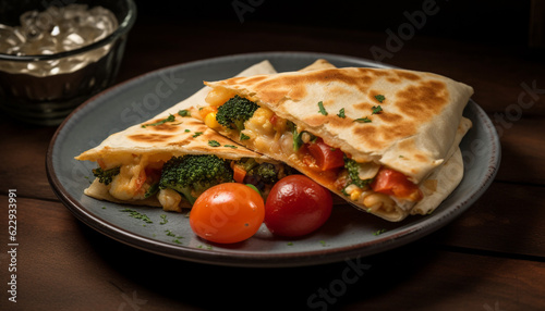 Fresh gourmet meal on wooden plate ready to eat generated by AI