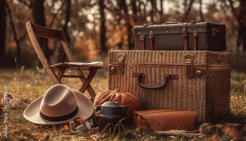 Antique leather suitcase sits in autumn meadow generated by AI