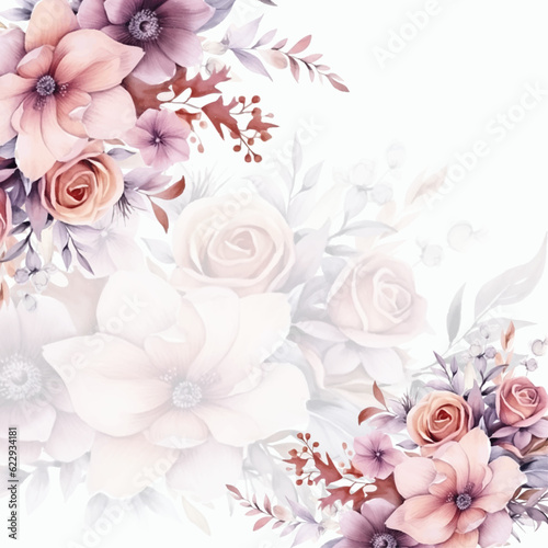 Floral border with pink flowers ang foliage  can be used as invitation card for wedding  birthday and other holiday and summer background. Botanical art. Watercolor