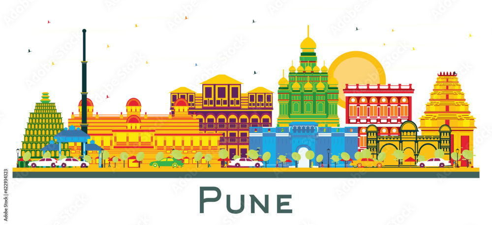 Pune India City Skyline with Color Buildings Isolated on White.