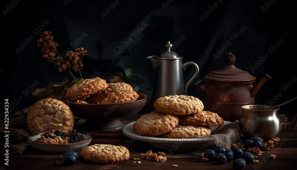 Organic walnut cookie on rustic wooden table generated by AI Organic walnut cookie on rustic wooden table generated by AI