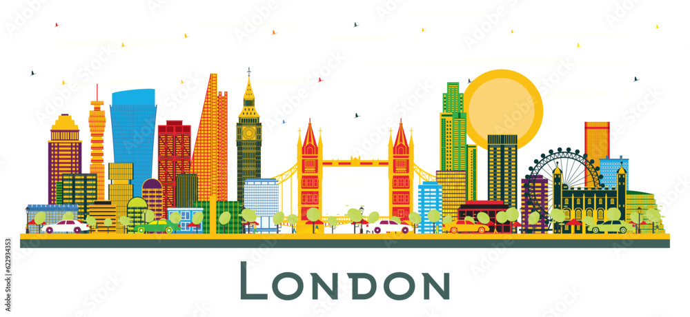 London UK City Skyline with Color Buildings Isolated on White.