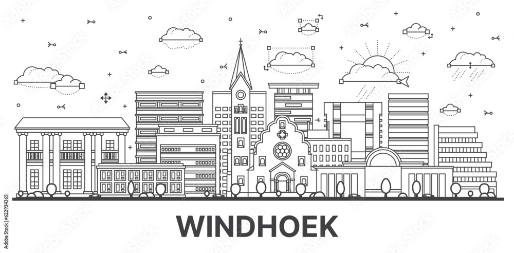 Outline Windhoek Namibia City Skyline with Modern and Historic Buildings Isolated on White.
