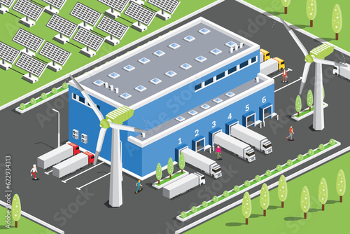 Isometric Distribution Logistic Center with Solar Panels and Wind Turbines. Green Eco Friendly House.