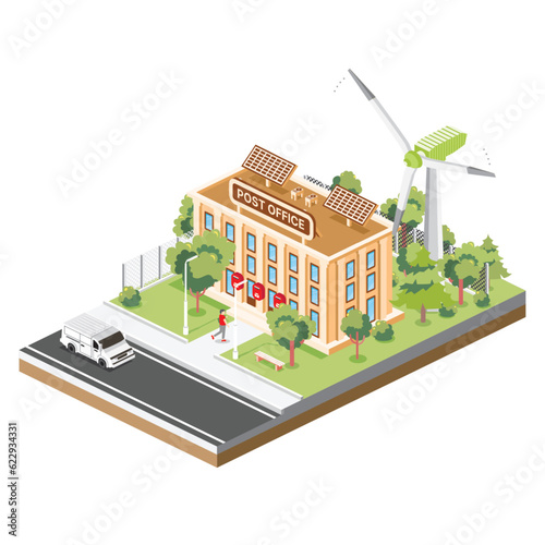 Isometric Post Office Building with Solar Panels and Wind Turbines Isolated on White.